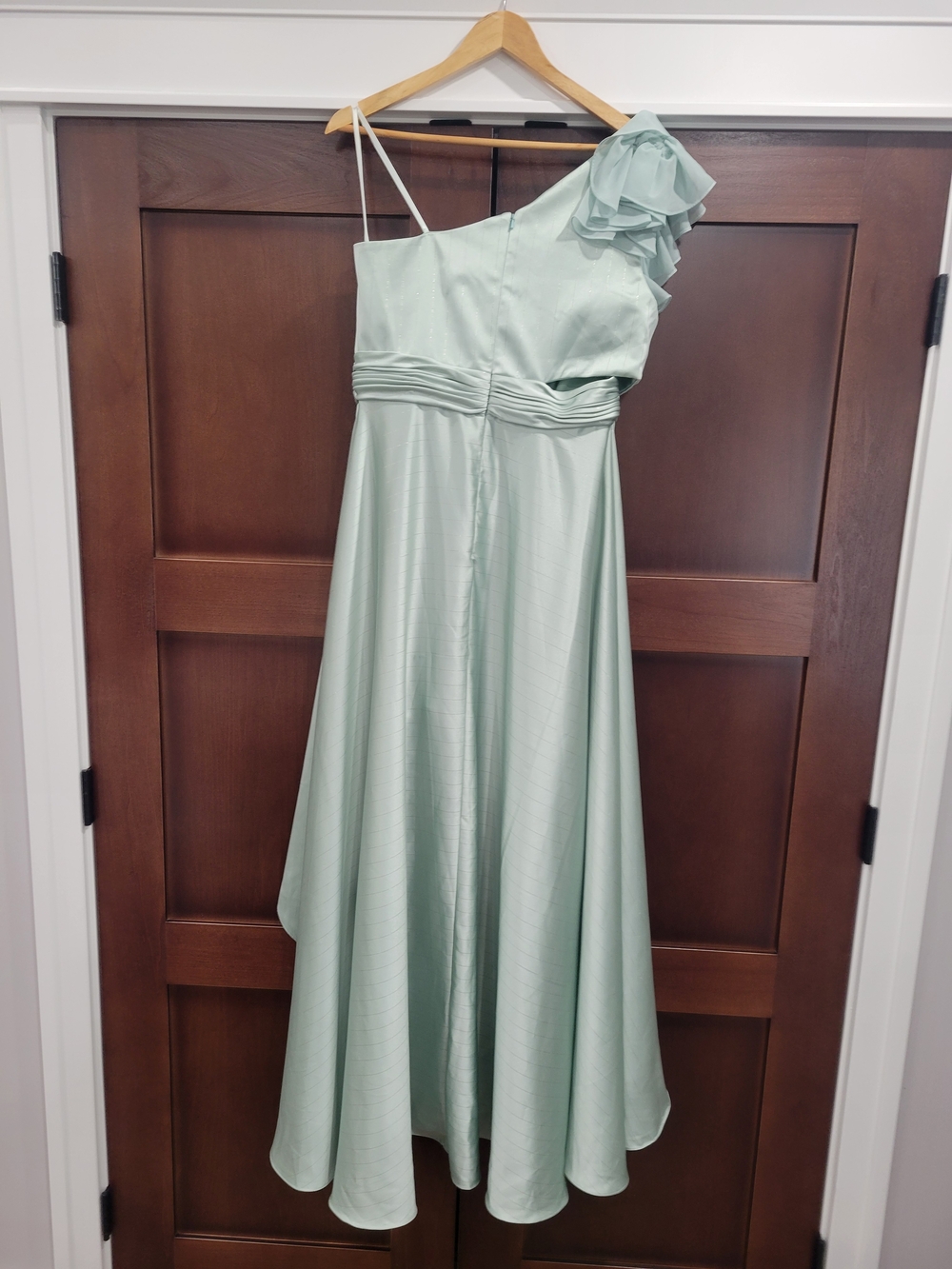 Mac Duggal Sage Green One-Shoulder Ruffle High-Low Gown - Picture 5 of 6